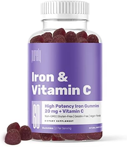 Iron Gummies Plus Vitamin C by Purely – for Iron Deficiency and Anemia – Natural Grape Flavor & Color – Non-GMO – Gluten-Free – Gelatin-Free – Vegan - 60 Gummies (Pack of 1)