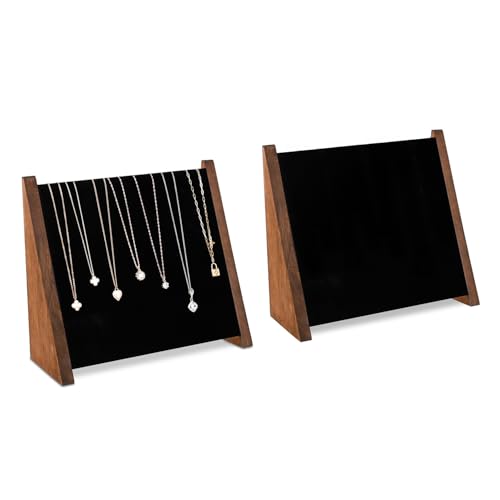 MOOCA 2 Pcs Set Wooden Necklace Display Stand, Jewelry Holder, Jewelry Display for Up to 10 Necklaces, Black Suede with Adjustable-Length Hooks, Walnut Color, 11.4