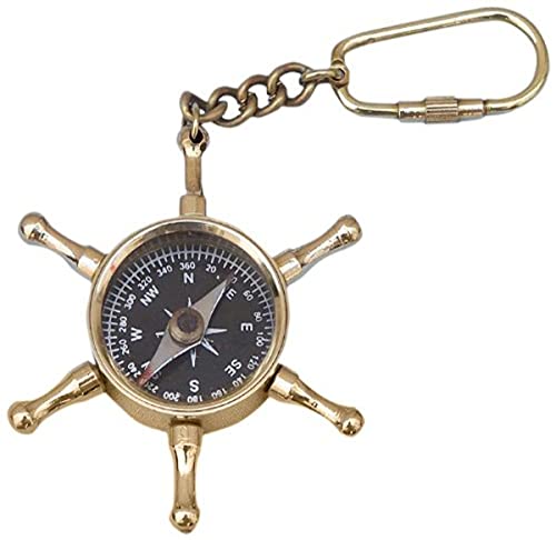 Hampton Nautical Solid Brass Ship's Wheel Compass Key Chain, Brass