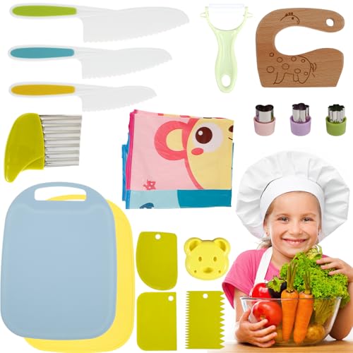 US 17Pcs Kids Cooking Set Safe Toddler Kitchen Tools Educational Montessori Kitchen Set Portable Kids Cutter Set Include Apron Cutting Board Peeler and More for Kids Cooking(17pcs kitchenware set)