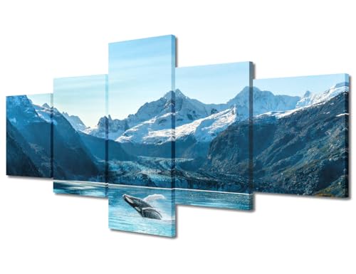5 Panels Whale Watching Tour Wall Art for Living Room Alaska Natural Scenery Posters for Room Aesthetic Glacier Bay Wall Decor for Bedroom Modern Artwork Framed Ready to Hang - 50"Wx24"H
