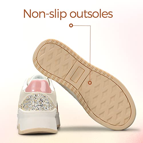 K Kip Wok Women’s Platform Glitter Fashion Tennis Sneakers Sparkly Shiny Sequin Lace Up Casual Faux Leather Walking Shoes(Beige Orange,8B(M) Us) #TOP5
