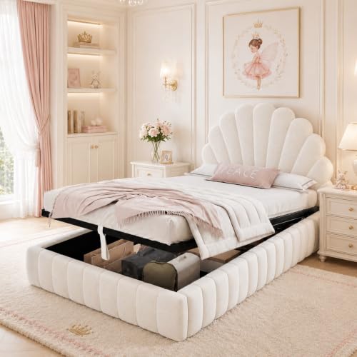 Image of 3ft Single Ottoman Bed with Hydraulic Storage, Upholstered Princess Bed Frame with Shell-Shaped Padded Headboard&Metall Slats, Velvet Gas Lift Up Storage Bed for Adults Kids Teens, No Mattress, Beige