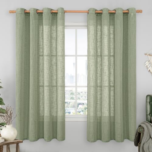 Image of LAMIT Sage Green Linen Sheer Curtains 68 Inches Long for Bedroom 2 Panels