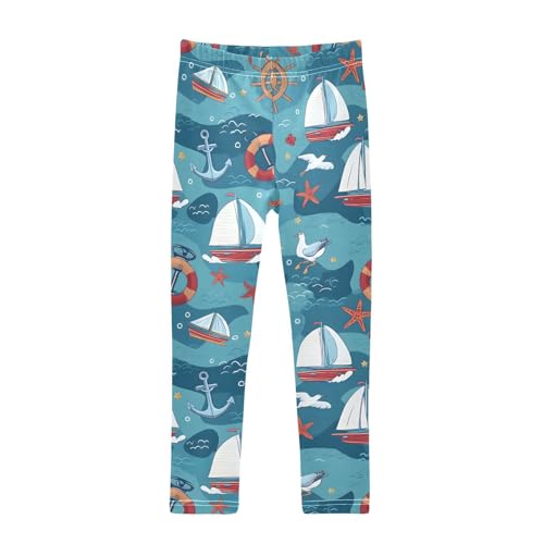 Anchors Sailboat Starfish Cartoon Pattern Girls Leggings Soft Stretch Workout Yoga Dance Pants for Kids Casual Tights