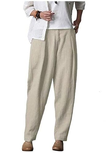 Minibee Women's Casual Linen Pants Elastic Waist Tapered Pants Trousers with Pockets Linen XL