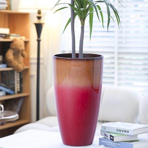 SE SUN-E Outdoor Planter 21" Tall Planters Gardening Pots with Insert Shelf Accessories Weather-Resistant Plastic Flower Pot Front Porch Decor, Tan to Burgundy Gradient by SE SUN-E - Used condition - Image 8