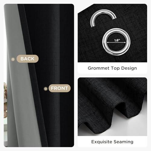 Image of Joydeco Black Curtains 96 Inch Long Blackout Curtains 2 Panels Set, Faux Linen 100% Black Out Drapes for Bedroom, Thermal Insulated Grommet Room Darkening Drapes for Living Room