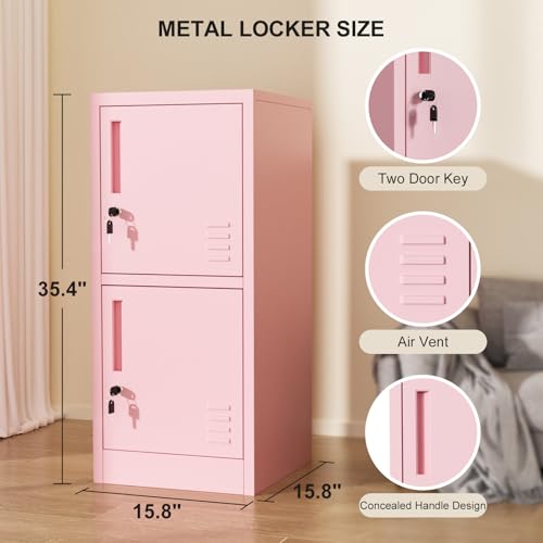 BAVNNRO 2 Door Metal Locker Storage Cabinet with Locking Doors and Shelves File Cabinet Organizer Suitable for Office, Home, Living Room (Pink)