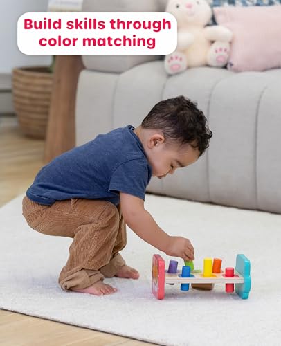 Image of Jasey's Toy Chest Tap & Learn Wooden Hammer Bench for Kids | Pounding Toy with Mallet & Colorful Pegs | Montessori Fine Motor Skill Toy for Toddlers Ages 12+ Months