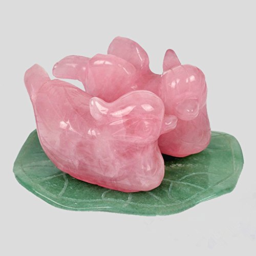 Aitelei Natural Rose Quartz Mandarin Ducks Love Birds On Green Aventurine Lotus Leaf (Male And Female) Fengshui Figurines For Love And Romance #TOP1
