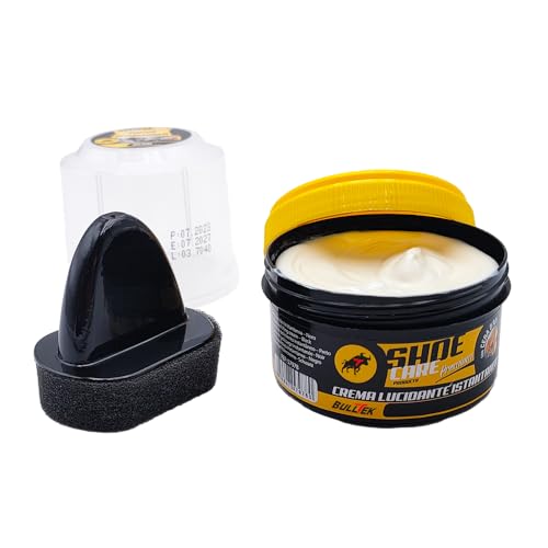 BullTek Crema abrillantadora instantánea, brillante con esponja, renueva y reaviva la piel de zapatos, bolsos, botas – Autoluciante para protección y brillo del cuero, neutro, 50 ml