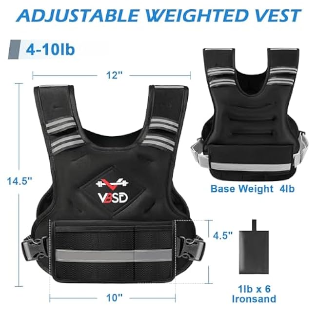 Adjustable Weighted Vest for Women Men 4-10lb/11-20lb/20-32lb Vest with 6 Ironsand Weights Body Weight Vest with Reflective Strip for Running Walking Strength Training Workouts