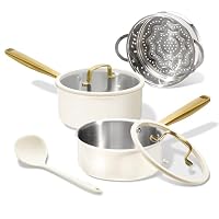 CAROTE 1.5Qt & 3.0Qt Stainless Steel Saucepan Set with Steamer & Ladle, Non-Toxic 3-Ply Pot with Lids, Small Pots for Cooking, Oven Safe, Induction Compatible Cookware
