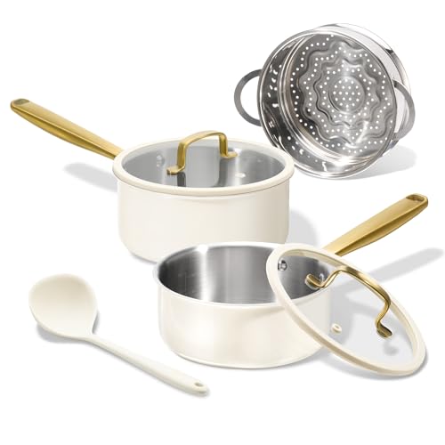 Image of CAROTE 1.5Qt & 3.0Qt Stainless Steel Saucepan Set with Steamer & Ladle, Non-Toxic 3-Ply Pot with Lids, Small Pots for Cooking, Oven Safe, Induction Compatible Cookware, Mothers Day Gifts