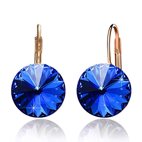 Austrian Crystal Round Drop Earrings for Women 14K Gold Plated Hypoallergenic Leverback Hoop Earrings (Bermuda Blue)