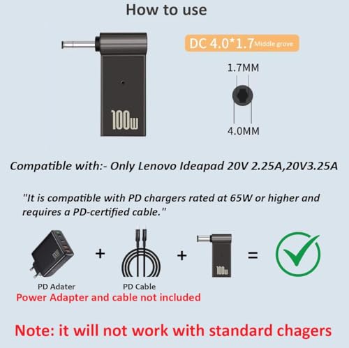 Image of Tobo 100W Female Type-C to Laptop Charging Adapter Converter Compatible with Lenovo IdeaPad Yoga Laptop Series, Chromebook, Liteon, Flex, Notebooks (4.0X 1.7MM Adapter)