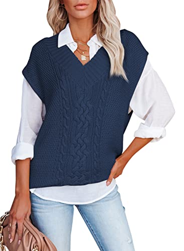 Aleumdr Gilet Femme Pulls sans Manche Femme Pull Gilet pour Femmes Pull Chaud sans Manche Femme Pulls d'hiver Printemps Pull Chaud Classique Gilet en Tricot Pull à col V,Bleu S Cover