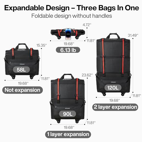 mixi Travel Bag with Wheels Expandable Foldable Luggage Bag Collapsible Rolling Travel Bag Duffel Bag Large Capacity Suitcase for Men Women, Black - Thumbnail 2