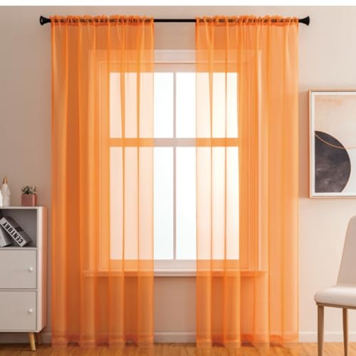 Lukery Rideau Voilage, Lot de 2 Rideaux Salon Chambre, Moderne Voilages Intérieurs, Couleur Unie Curtain Transparent Fenetre pour Salon, Curtains Intérieurs (Orange,140x245cm)