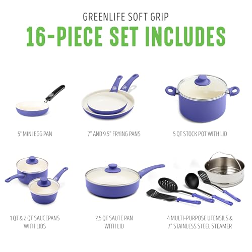 Image of GreenLife 16 Piece Ceramic Nonstick Pots & Pans Cookware Set, Periwinkle