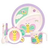 PHEENOWL Kids Dinnerware Set, Includes Toddler Plate Bowl Tumbler and Utensils, BPA Free Bamboo Fiber Material Perfect for Little Girls (Purple - Butterfly Theme)