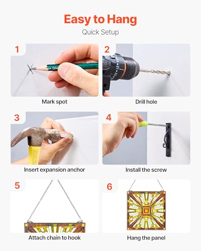 VEVOR Buntglasfensterpaneel (501 x 527 mm) hängendes Buntglas mit Kette, Buntglas im Tiffany-Stil zum Aufhängen, traditionelles rechteckiges Vintage-Kunsthandwerk Fensterdekor für Küche & Kirchen