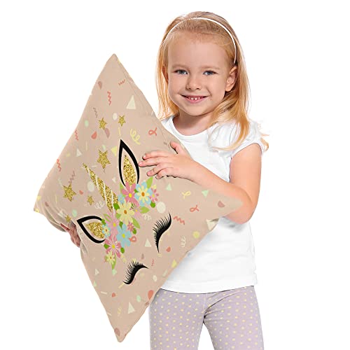 Beabes Unicorn Decor Throw Pillow Covers Cotton Linen, Cute Unicorn Flower Wreath Golden Party Confetti Standard Cushion Cover Soft Pillowcases Covers For Home Sofa Armchair Bedroom 18X18 Inch #TOP1