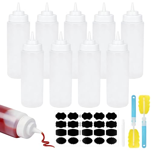 UCEHIPAW 10 Pcs 32 oz Squeeze Bottle with Stickers Marker and Cleaning Brushes Large Clear Plastic Wide Mouth Squeeze Bottles for Restaurant BBQ Grill Chocolate Sauces Condiment Mustard and Ketchup