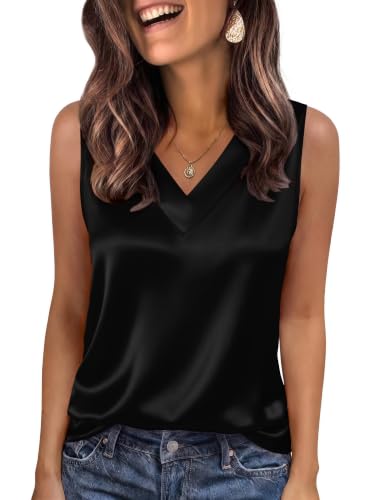 Zeagoo Black Blouse for Women Silk Satin Camisole Tank Tops V Neck Shirts Business Office Work Clothes