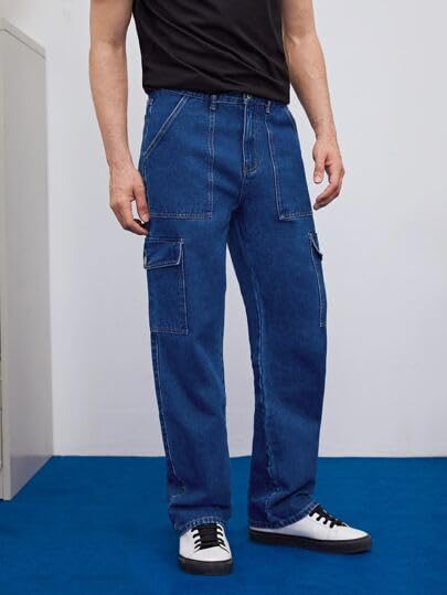 Image of Men's Straight Fit Denim Cargo Pants - Casual Multi-Pocket Work Jeans