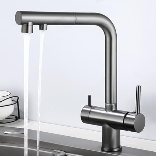 Robinet cuisine 3 voies gris avec douchette extractible pour eau filtrée osmose