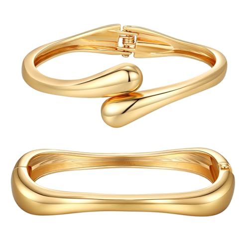 2Pcs Gold Bangle Bracelets for Women Trendy 14K Gold Plated Cuff Bracelets Stack, Dainty Gold Bracelet Sets Non Tarnish Fashion Jewelry Gift