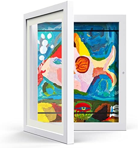 Kids Art Frame - Kids Artwork Frames Changeable Display 8 x10.5 with Mat or 9.7x12.3 Without Mat, Front Opening Picture Display Frames holds 50, Horizontal and Vertical Formats Art-Work (White)