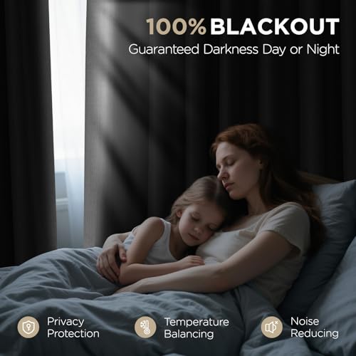 Image of Joydeco Black Curtains 96 Inch Long Blackout Curtains 2 Panels Set, Faux Linen 100% Black Out Drapes for Bedroom, Thermal Insulated Grommet Room Darkening Drapes for Living Room
