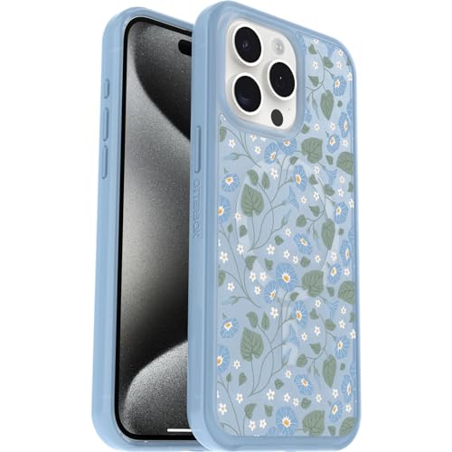 Image of OtterBox iPhone 15 Pro MAX (Only) Symmetry Series Clear Case - Dawn Floral (Blue), Snaps to MagSafe, Ultra-Sleek, Raised Edges Protect Camera & Screen
