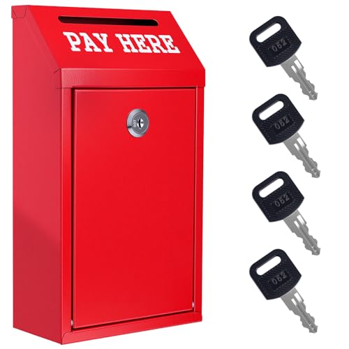 Sumerfnt Locking Cash Box with Slot, Metal Money Donation Box with Lock and 4 Keys Wall Mount, Cash Drop for Farm Stand, Self-Serve Stand, Tips, Fundraising, 10.24" x 5.7" x 2.95", Red