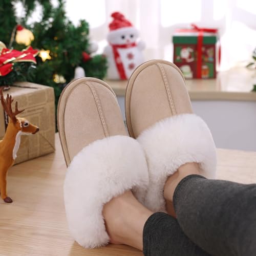 Litfun Women's Set of 2 Pairs - Fuzzy House Slippers (Size 7.5-8, Apricot) - Suede Mini Boots (Size 8-8.5, Chestnut)3