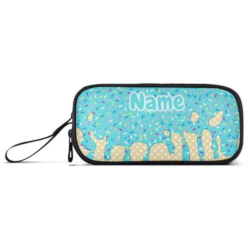 Image of Custom Teal Blue Ice Cream Print Pencil Case Box Boys Girls Personalized Name Large Pencil Pouch Stationery Pen Bag Organizer for Kids Adults School Office