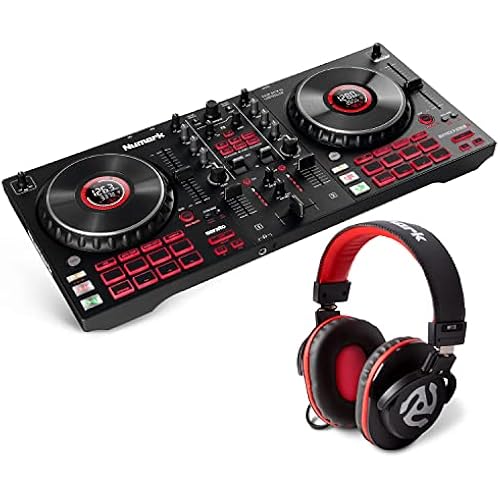 DJ Controller Bundle - DJ Set with 4 Decks, DJ Mixer, Audio Interface, Jog Wheel Displays, FX and DJ Headphones - Numark Mixtrack Platinum FX and HF175