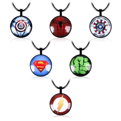 yumcute Halskette Anime, 6 Stück Superhelden Schmuck Spider Hero Anhänger Cartoon Schmuck Geschenk für Jungen Mädchen Anime Fan