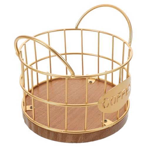 Lurrose Soporte Organizador de Cápsulas de Café de Metal Dorado con Base de Madera, Cesta Grande Multiusos para Frutas y Frutos Secos, Adecuado para Cocina, Comedor y Barra de Café