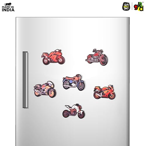 Image of GKD Wooden Fridge Magnet for Bike Lovers - Retro Bike Logo Design | Fridge Sticker for Home & Office Decor | Gift for Riders, Bikers & Travel Enthusiasts Pack of 6 (Bikes)