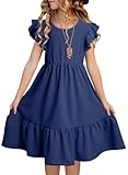 blibean Summer Girl Dress Kid Prom Flare Flowy Fashion Dresses Vacation Boho Clothes Age 14T-15T (Size 14 15 16 Year) Dark Blue
