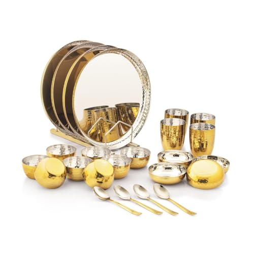 Image of Silverglow Hammered Stainless Steel Dinner Set of 24 pcs, Gold Plated Dinnerware Set for 4 People, Diwali Wedding Return Gift, Hotel Restaurant Steel Luxury Gold Plate Set