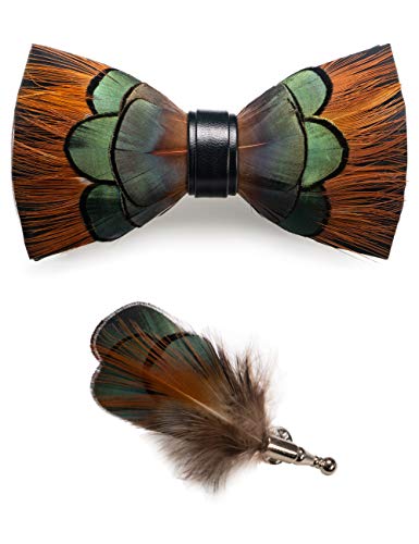JEMYGINS Noeud Papillon Homme Marron/vert en Plume en Plumes Fait Main et Broche Ensemble Compris boîte