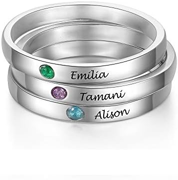 Lovejewelry 3PCS Personalized Custom Engraved Name Initial Rings with Simulated Birthstones Customized Best Friend Rings for Women (3PCS)