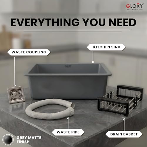 Image of Gloxy Premium Quartz Granite Single Bowl Kitchen Sink 24x18x9 Inches - Grey Matte FInish Quartz Sink For Kitchen With Coupling Hose Pipe and Drainer Basket - Undermount /Topmount - 3 Years Warranty