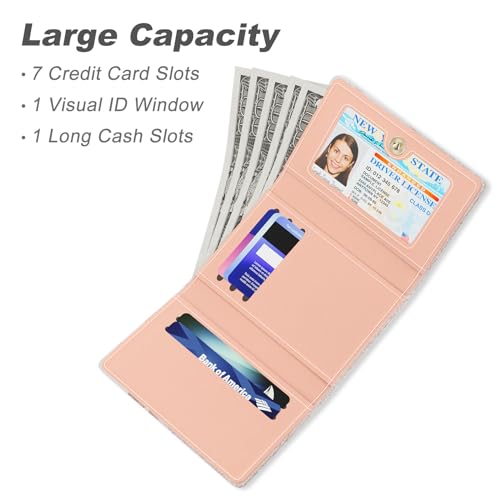 Nipichsha Womens Wallet, Small Credit Card Wallet for Women, Slim RFID Card Holder Purse with 7 Slots & ID Window, Pink Gilt3