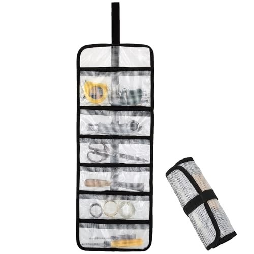 Small Roll Up Storage Bag 6 Pockets Roll Up Tool Kit Suitable for Mechanics Kitchen Storage Art Sketching Travelling Potters Tools Office Objects etc. Transparent and Visible Space-saving
